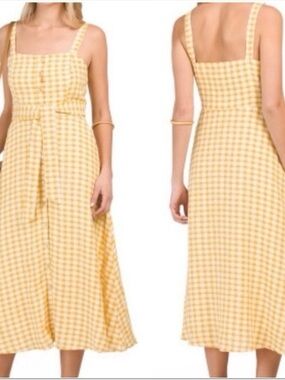 Cynthia Rowley 100% Linen Yellow Gingham Midi Dress